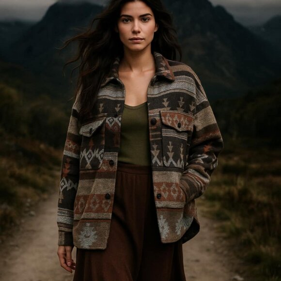 New Aztec Flannel Western Shacket Pink Button-Up Top Shirt Jacket Womens - Picture 1 of 5